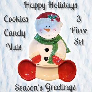 Vtg '04 3 Pcs Ceramic Dolomite Candy Nut Cookie Dish Santa's Workbench Snowman